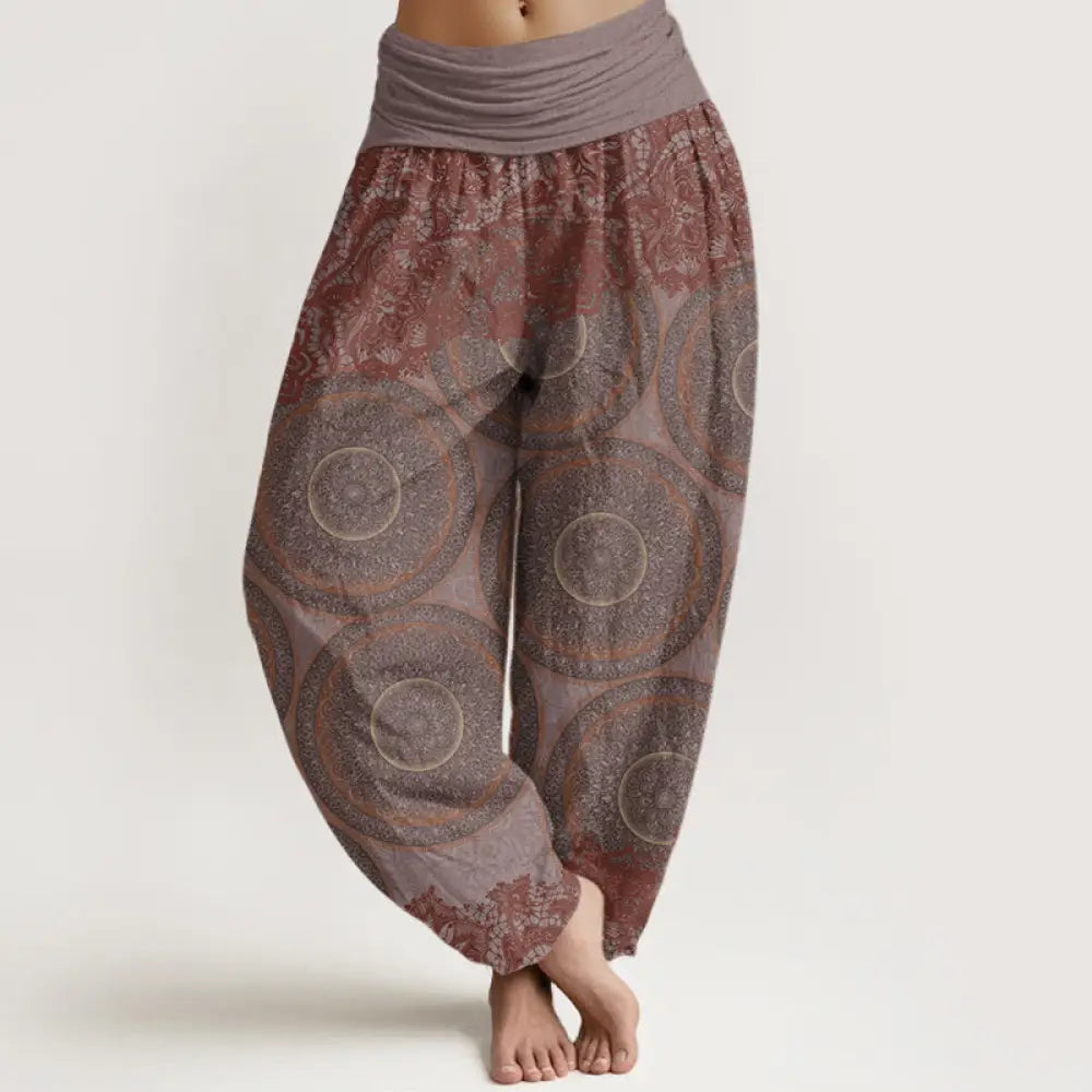 Buddha Stones Cotton Casual Flowers Compass Design Women’s Elastic Waist Harem Pants - RosyBrown / US2，UK/AU6，EU34 (XS)