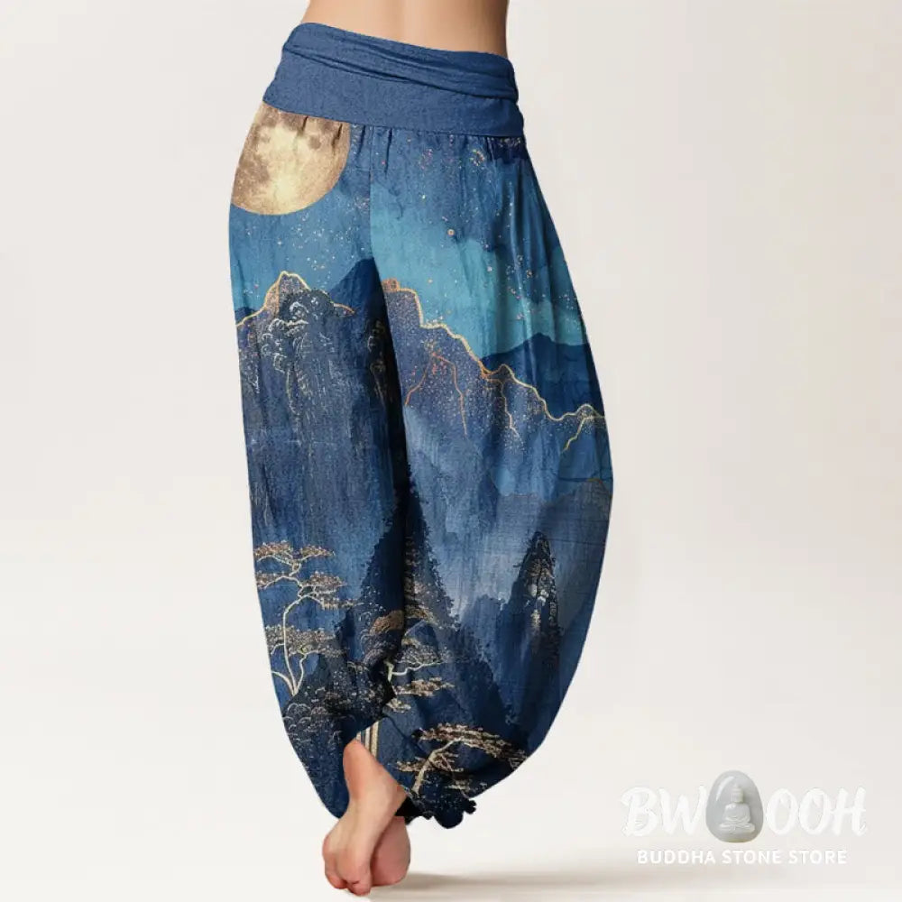 Buddha Stones Cotton Casual Full Moon Mountains Trees River Pattern Women’s Elastic Waist Harem Pants - Women’s Harem