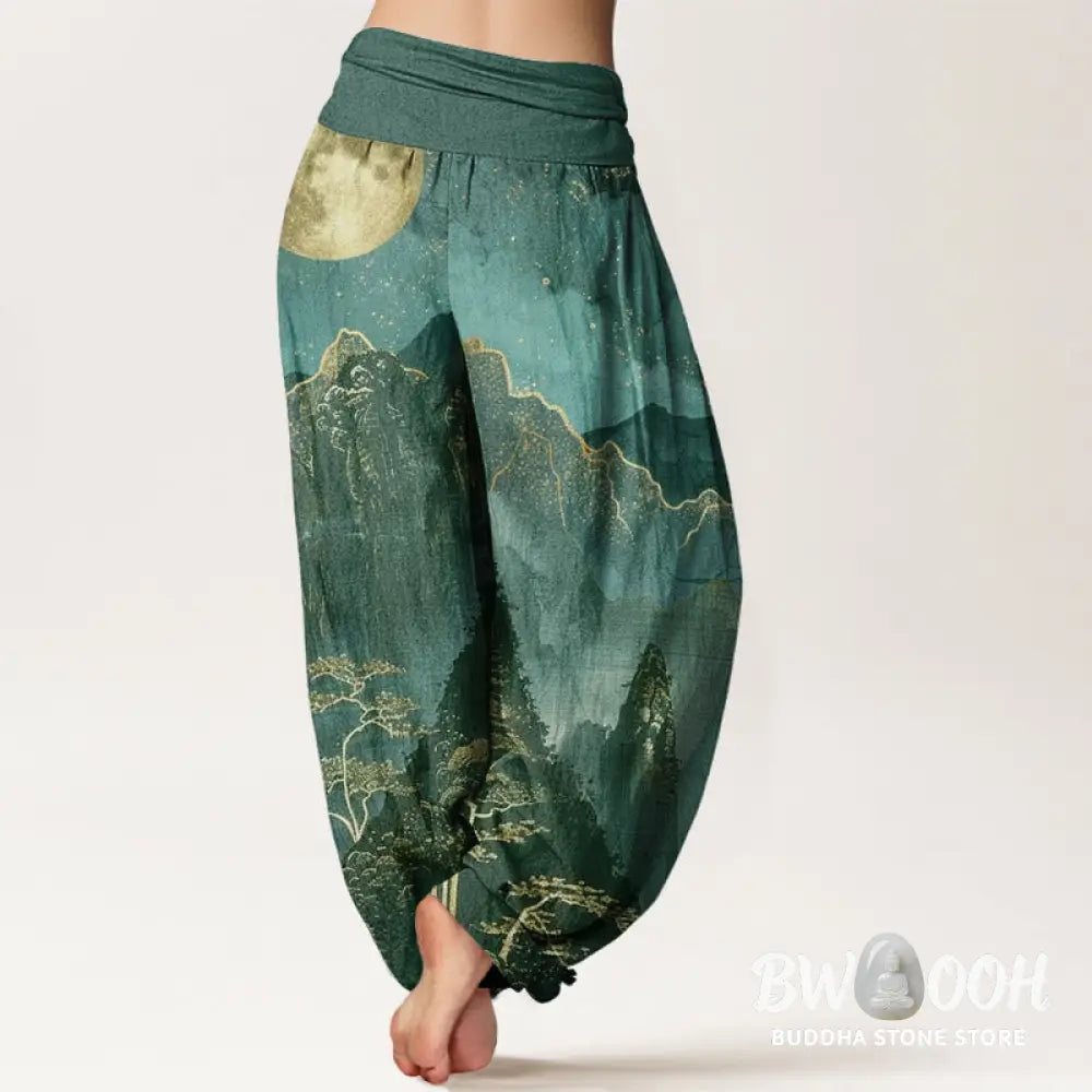 Buddha Stones Cotton Casual Full Moon Mountains Trees River Pattern Women’s Elastic Waist Harem Pants - Women’s Harem