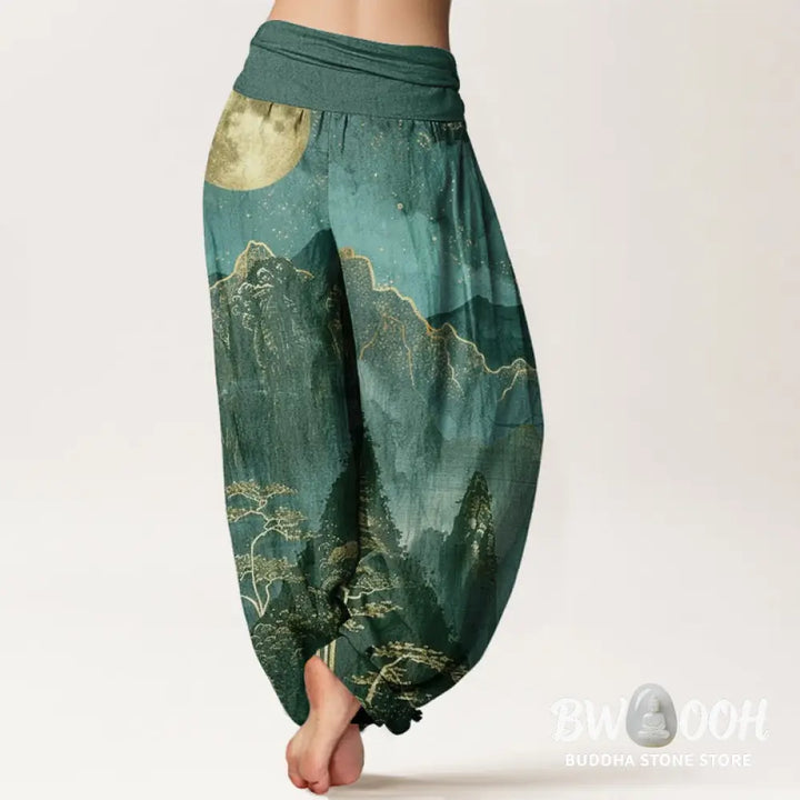 Buddha Stones Cotton Casual Full Moon Mountains Trees River Pattern Women’s Elastic Waist Harem Pants - Women’s Harem