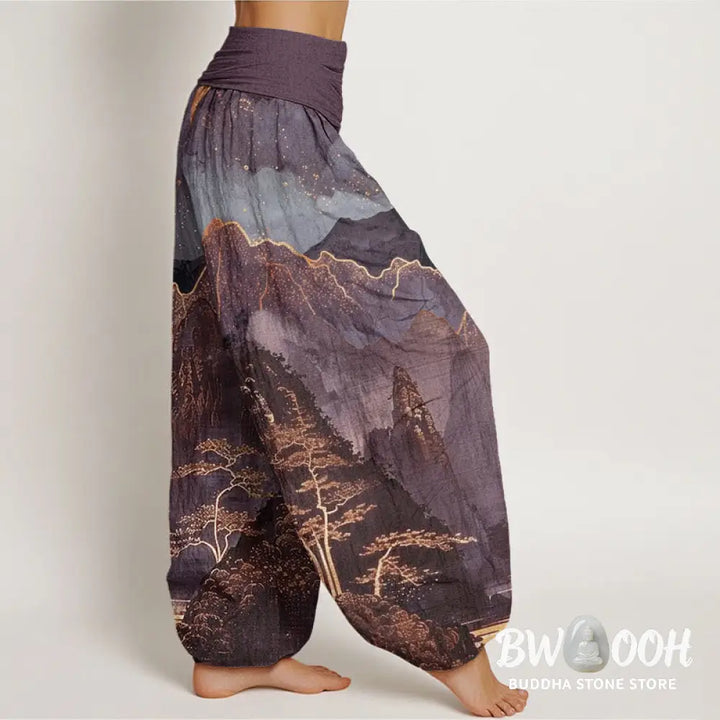 Buddha Stones Cotton Casual Full Moon Mountains Trees River Pattern Women’s Elastic Waist Harem Pants - Women’s Harem