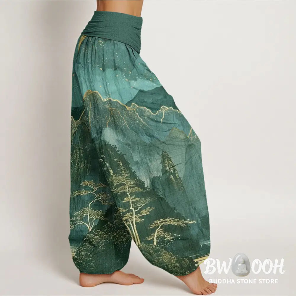 Buddha Stones Cotton Casual Full Moon Mountains Trees River Pattern Women’s Elastic Waist Harem Pants - Women’s Harem
