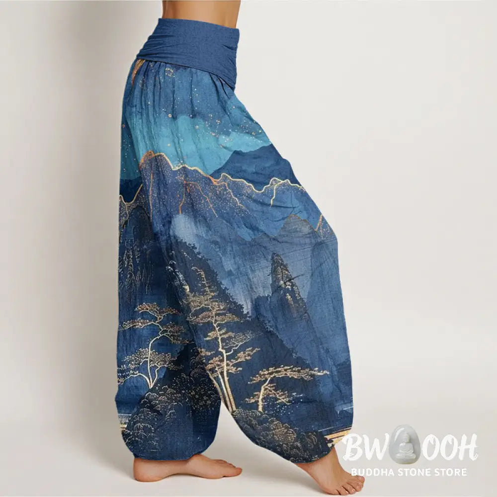 Buddha Stones Cotton Casual Full Moon Mountains Trees River Pattern Women’s Elastic Waist Harem Pants - Women’s Harem