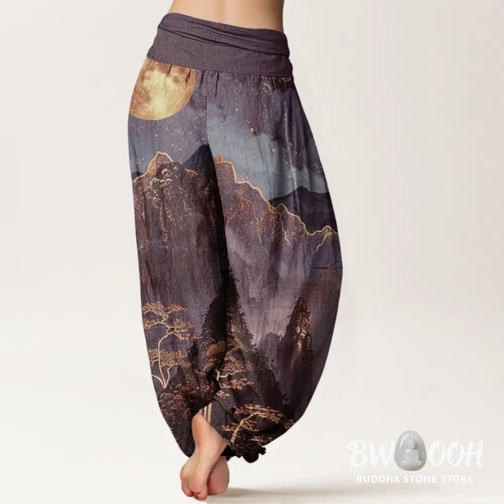 Buddha Stones Cotton Casual Full Moon Mountains Trees River Pattern Women’s Elastic Waist Harem Pants - Women’s Harem