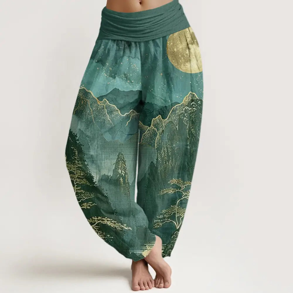 Buddha Stones Cotton Casual Full Moon Mountains Trees River Pattern Women’s Elastic Waist Harem Pants - DarkCyan
