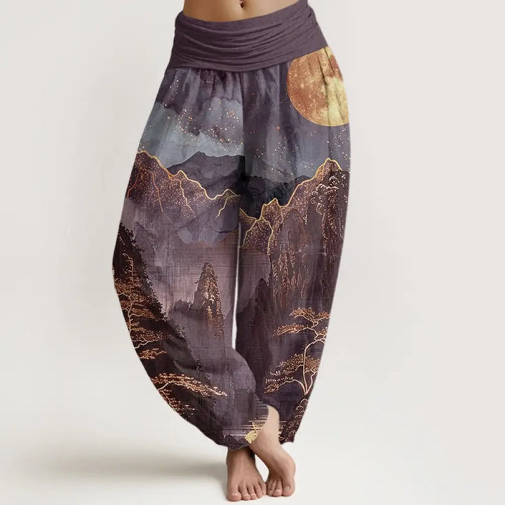 Buddha Stones Cotton Casual Full Moon Mountains Trees River Pattern Women’s Elastic Waist Harem Pants - DarkMagenta