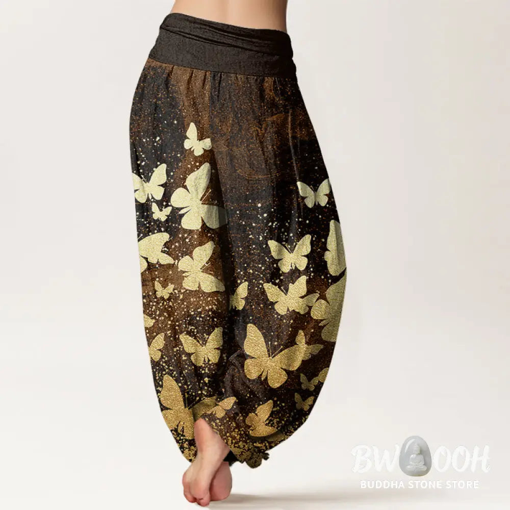 Buddha Stones Cotton Casual Golden Butterfly Pattern Women’s Elastic Waist Harem Pants - Women’s Harem Pants