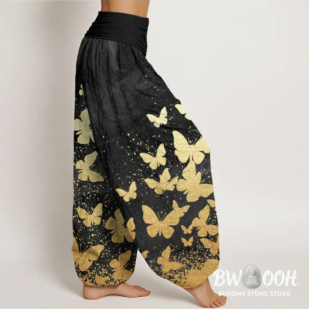 Buddha Stones Cotton Casual Golden Butterfly Pattern Women’s Elastic Waist Harem Pants - Women’s Harem Pants