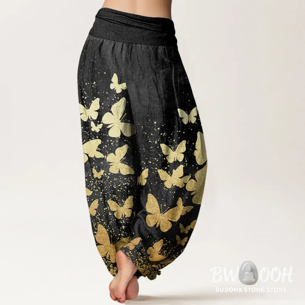 Buddha Stones Cotton Casual Golden Butterfly Pattern Women’s Elastic Waist Harem Pants - Women’s Harem Pants