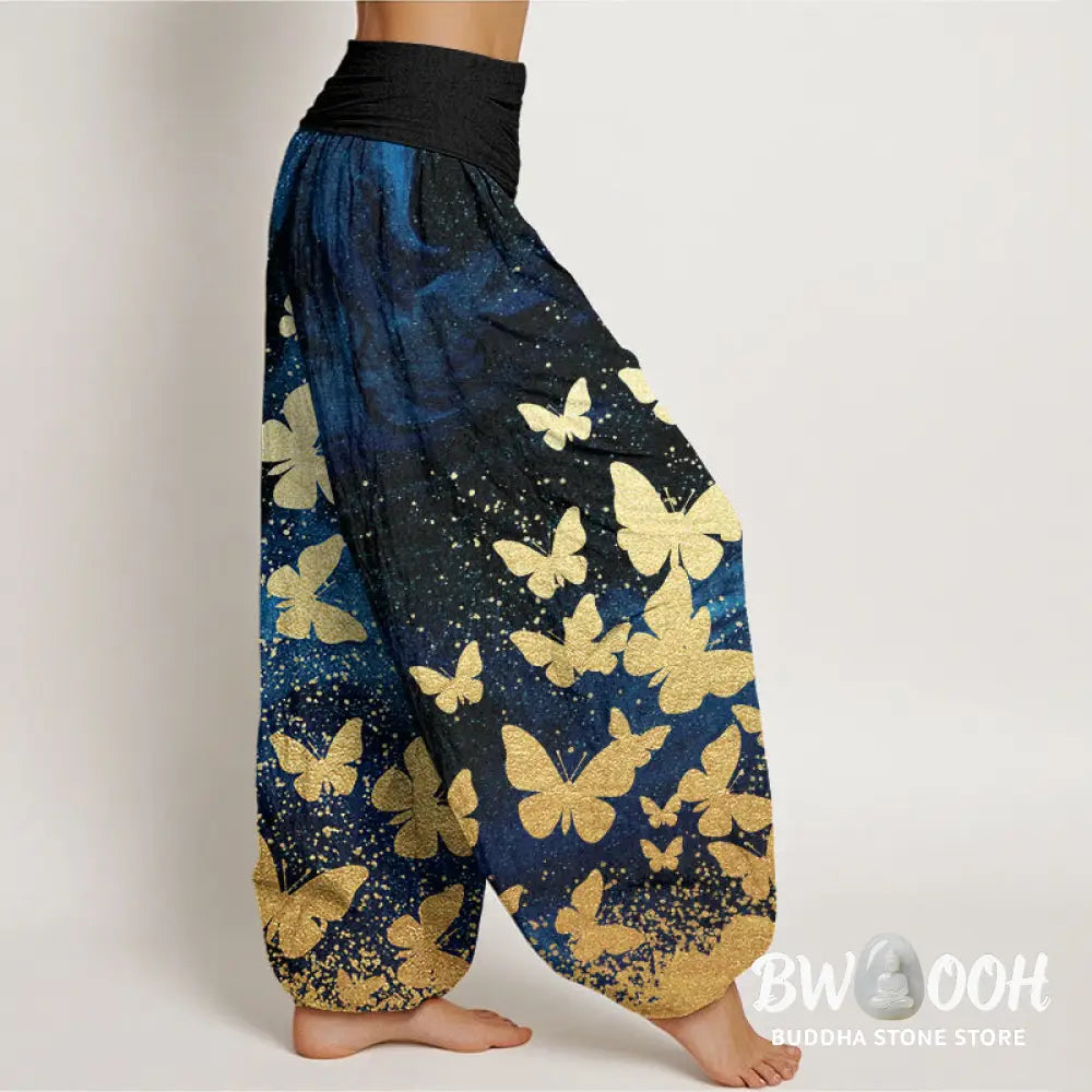 Buddha Stones Cotton Casual Golden Butterfly Pattern Women’s Elastic Waist Harem Pants - Women’s Harem Pants