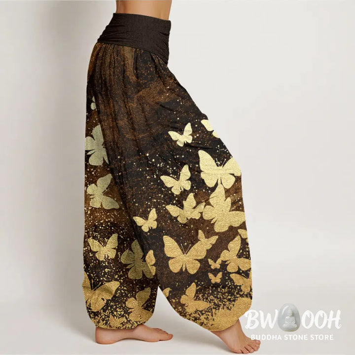 Buddha Stones Cotton Casual Golden Butterfly Pattern Women’s Elastic Waist Harem Pants - Women’s Harem Pants