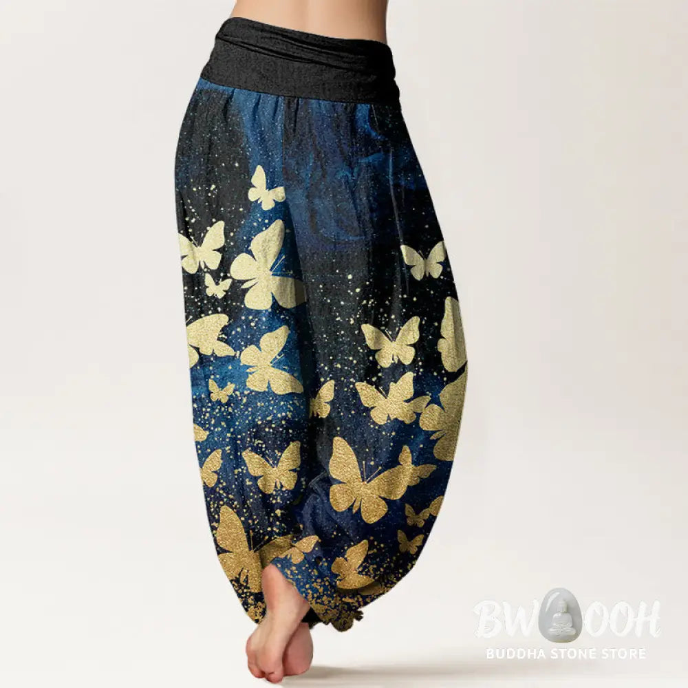 Buddha Stones Cotton Casual Golden Butterfly Pattern Women’s Elastic Waist Harem Pants - Women’s Harem Pants