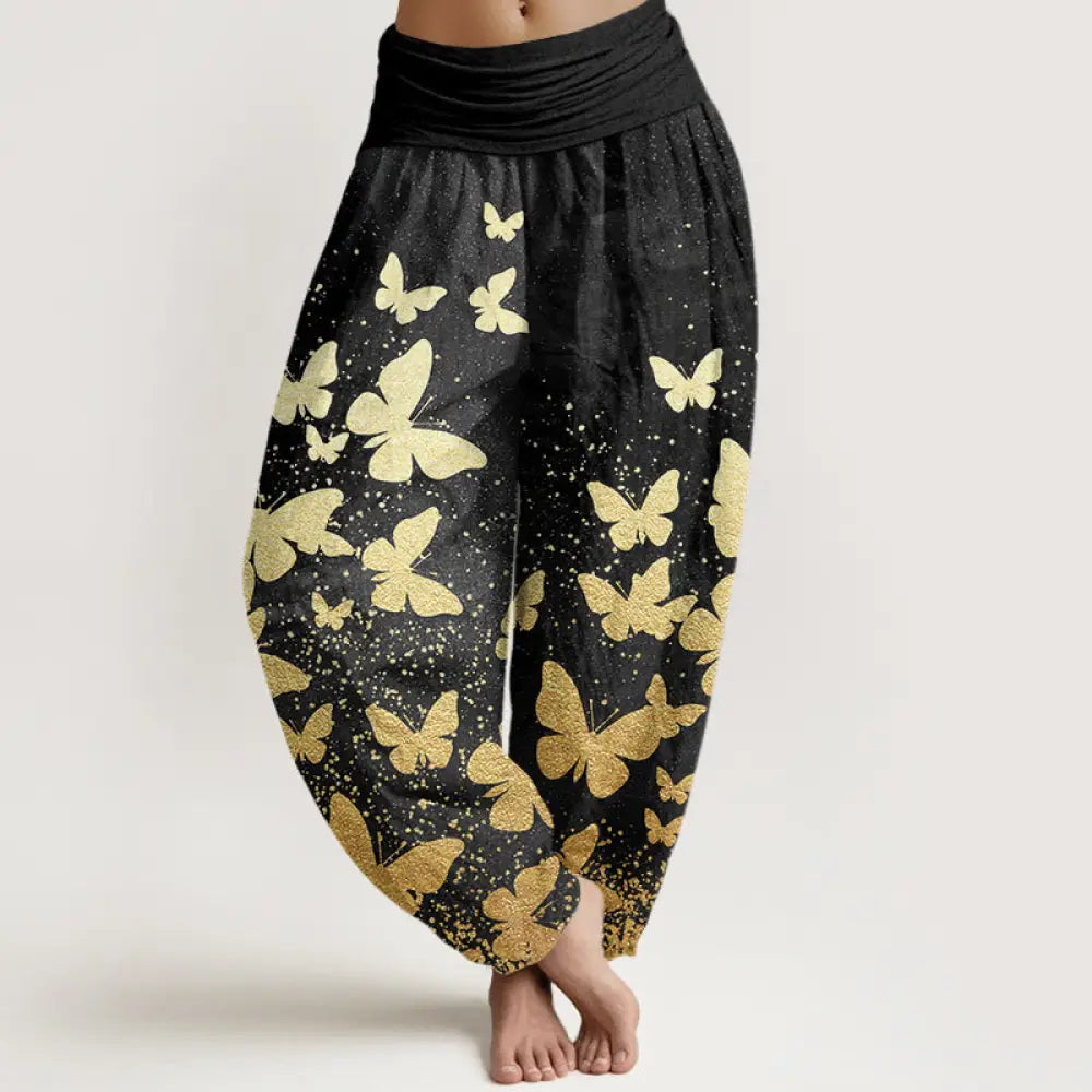 Buddha Stones Cotton Casual Golden Butterfly Pattern Women’s Elastic Waist Harem Pants - Black / US2，UK/AU6，EU34 (XS)