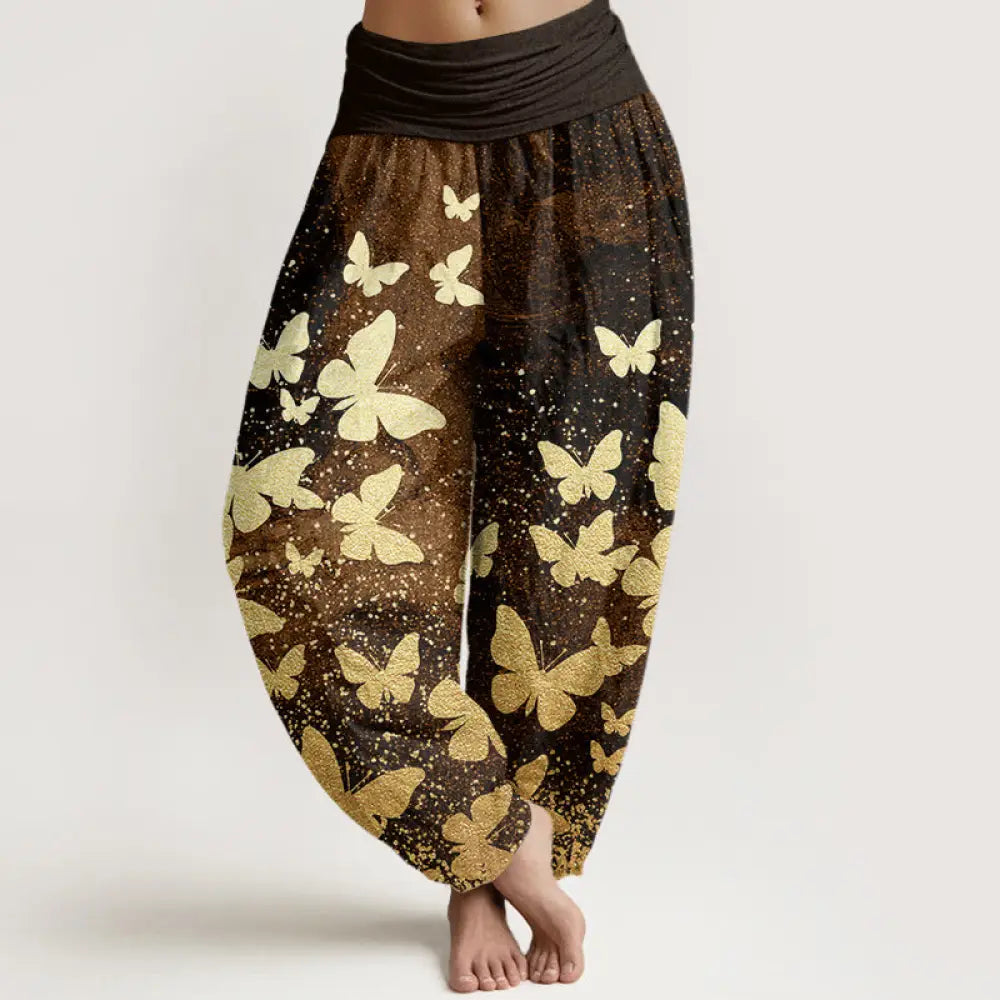 Buddha Stones Cotton Casual Golden Butterfly Pattern Women’s Elastic Waist Harem Pants - SaddleBrown / US2，UK/AU6，EU34