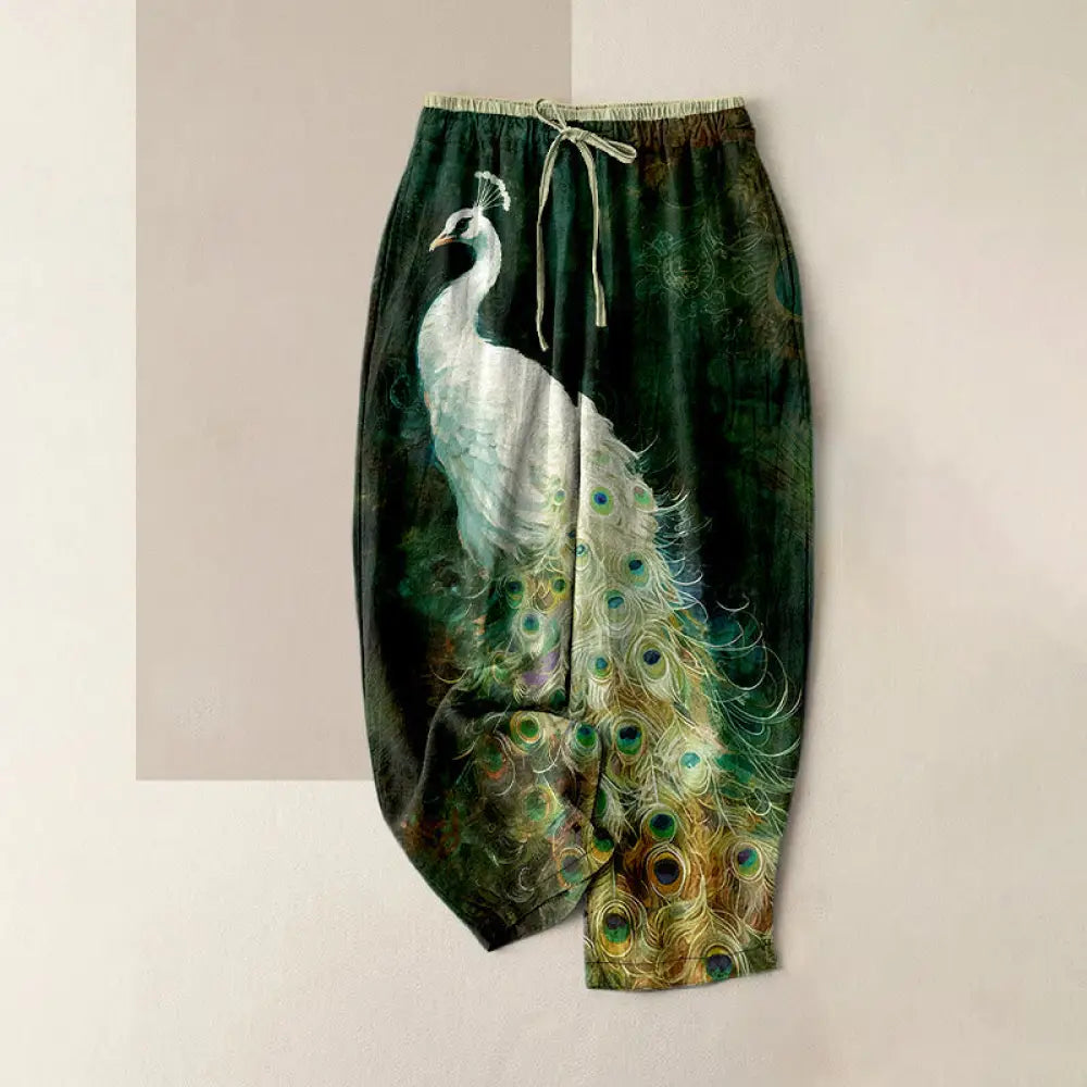 Buddha Stones Cotton Casual Gorgeous Peacock Pattern Women’s Elastic Waist Pants With Pockets - DarkGreen