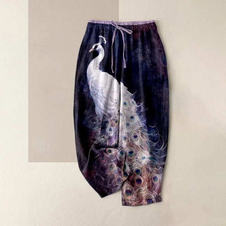 Buddha Stones Cotton Casual Gorgeous Peacock Pattern Women’s Elastic Waist Pants With Pockets - Indigo