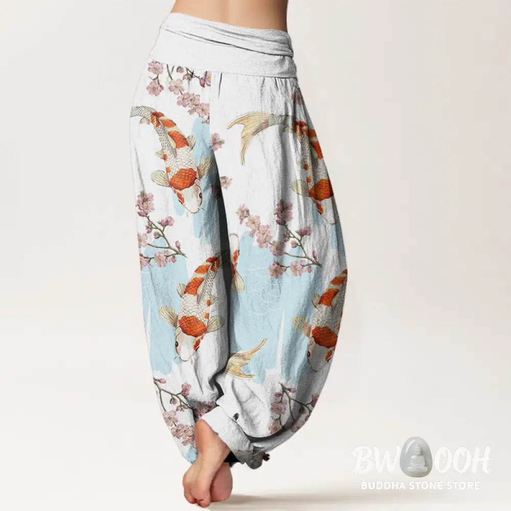 Buddha Stones Cotton Casual Koi Fish Cherry Blossom Pattern Women’s Elastic Waist Harem Pants - Women’s Harem Pants