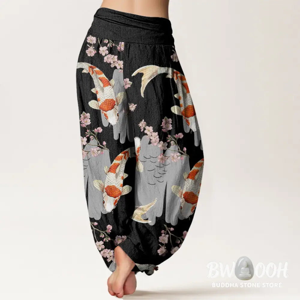 Buddha Stones Cotton Casual Koi Fish Cherry Blossom Pattern Women’s Elastic Waist Harem Pants - Women’s Harem Pants