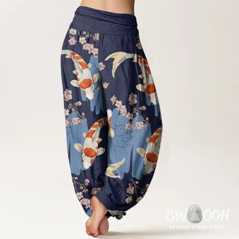Buddha Stones Cotton Casual Koi Fish Cherry Blossom Pattern Women’s Elastic Waist Harem Pants - Women’s Harem Pants