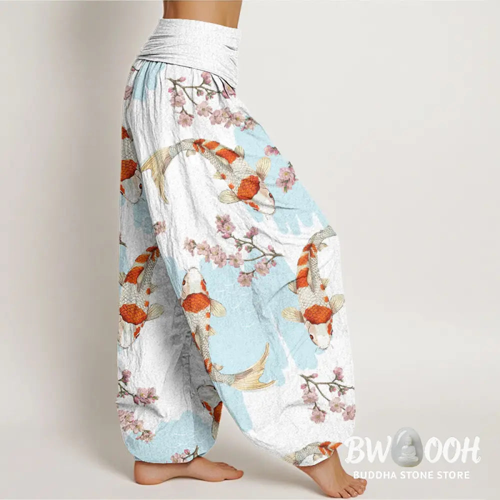 Buddha Stones Cotton Casual Koi Fish Cherry Blossom Pattern Women’s Elastic Waist Harem Pants - Women’s Harem Pants