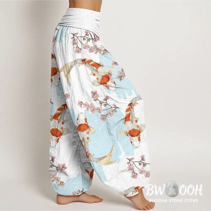 Buddha Stones Cotton Casual Koi Fish Cherry Blossom Pattern Women’s Elastic Waist Harem Pants - Women’s Harem Pants