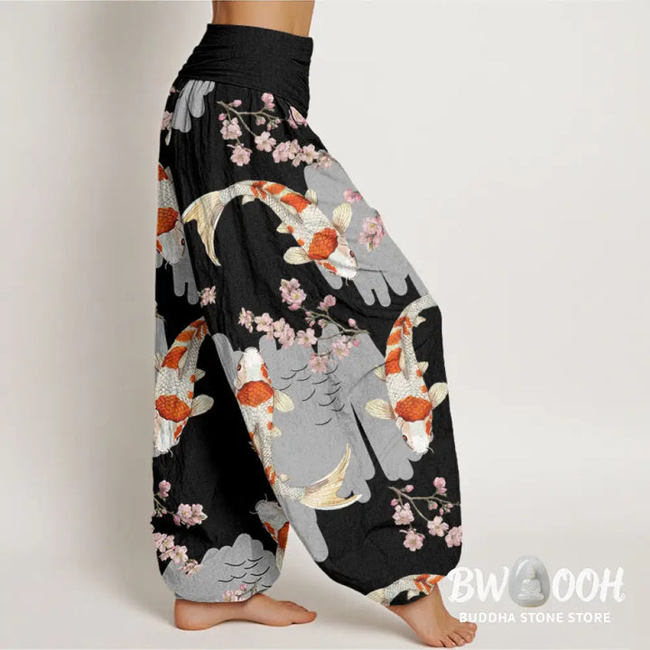 Buddha Stones Cotton Casual Koi Fish Cherry Blossom Pattern Women’s Elastic Waist Harem Pants - Women’s Harem Pants