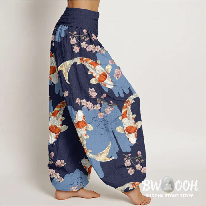 Buddha Stones Cotton Casual Koi Fish Cherry Blossom Pattern Women’s Elastic Waist Harem Pants - Women’s Harem Pants