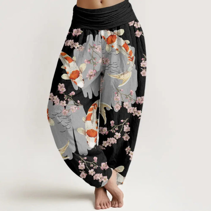 Buddha Stones Cotton Casual Koi Fish Cherry Blossom Pattern Women’s Elastic Waist Harem Pants - Black / US2，UK/AU6，EU34