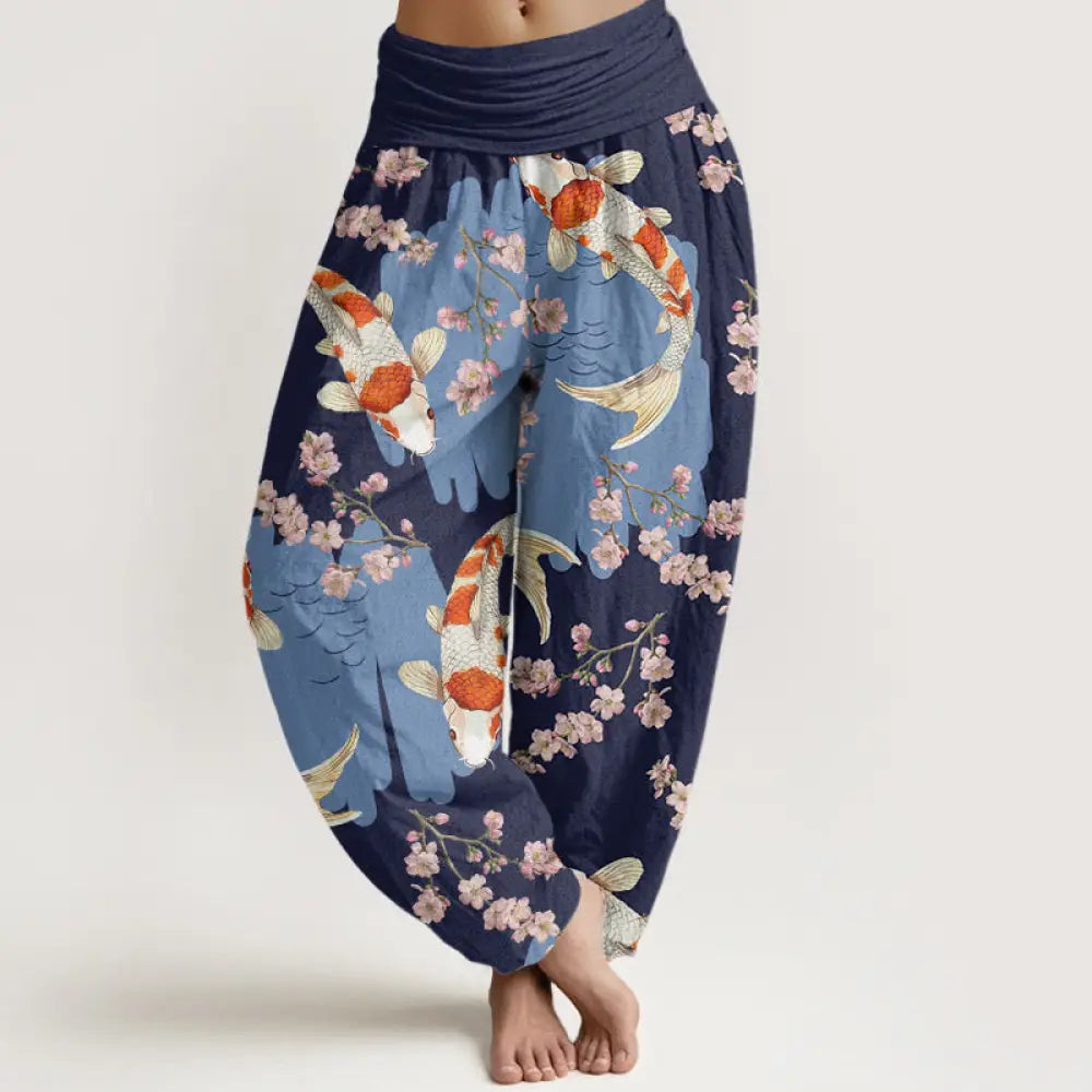 Buddha Stones Cotton Casual Koi Fish Cherry Blossom Pattern Women’s Elastic Waist Harem Pants - MidnightBlue