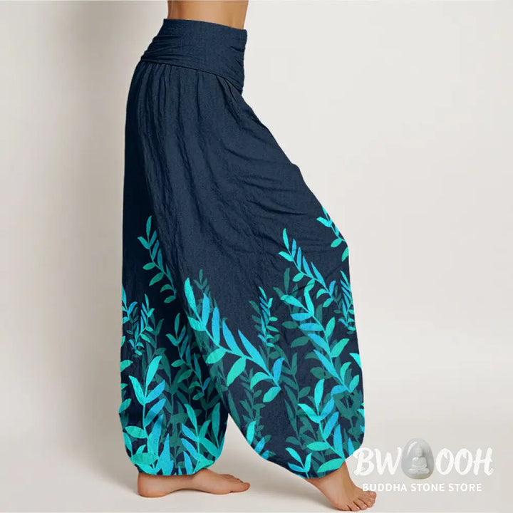 Buddha Stones Cotton Casual Leaves Pattern Women’s Elastic Waist Harem Pants - Women’s Harem Pants