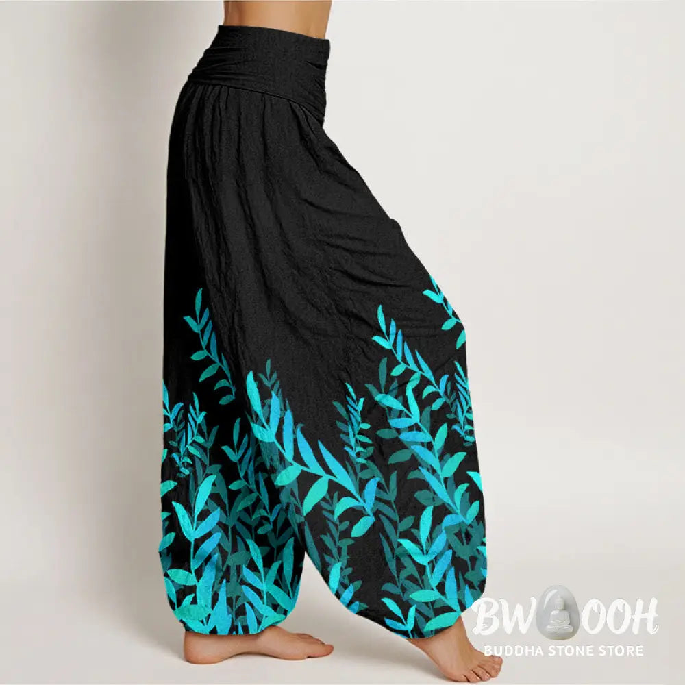 Buddha Stones Cotton Casual Leaves Pattern Women’s Elastic Waist Harem Pants - Women’s Harem Pants