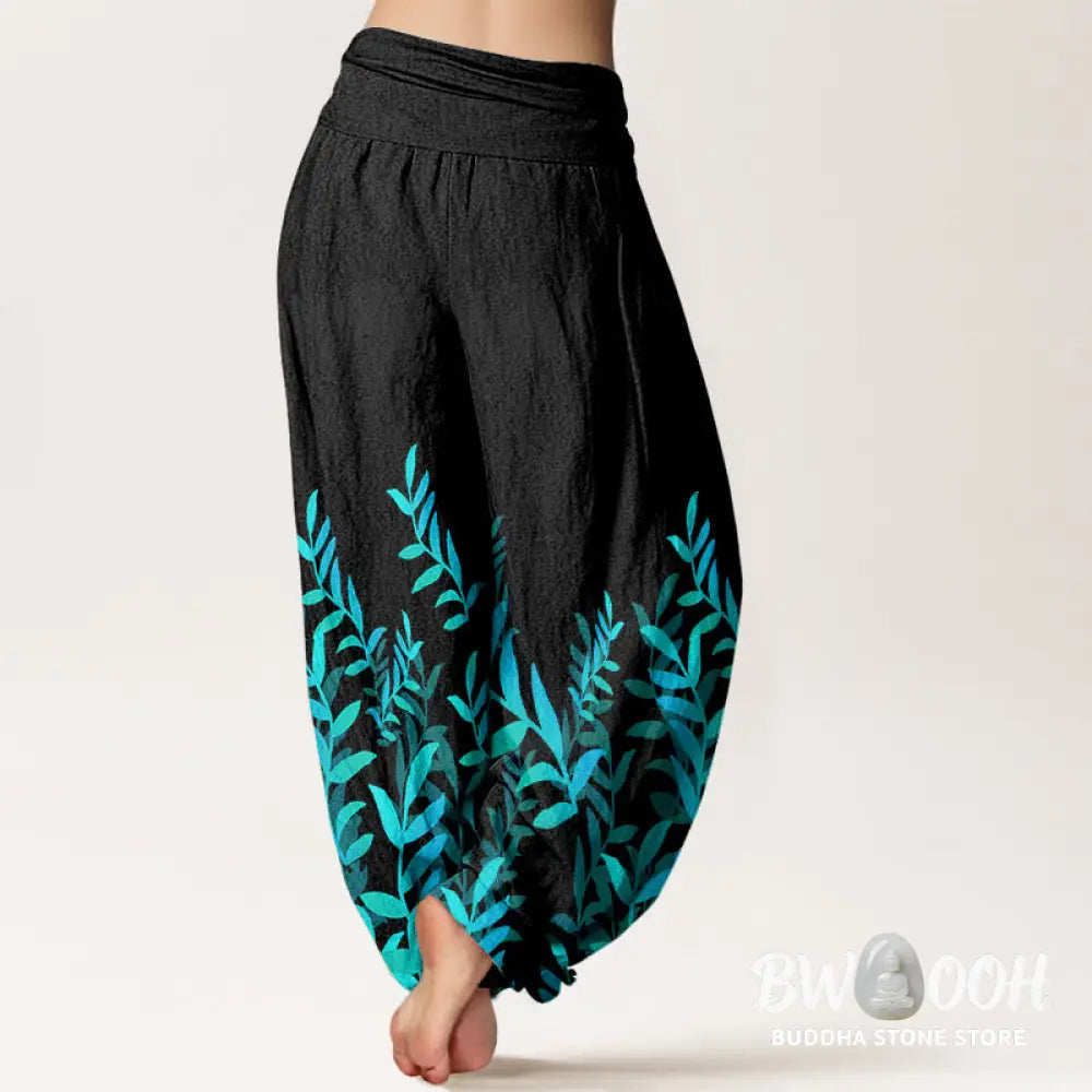 Buddha Stones Cotton Casual Leaves Pattern Women’s Elastic Waist Harem Pants - Women’s Harem Pants