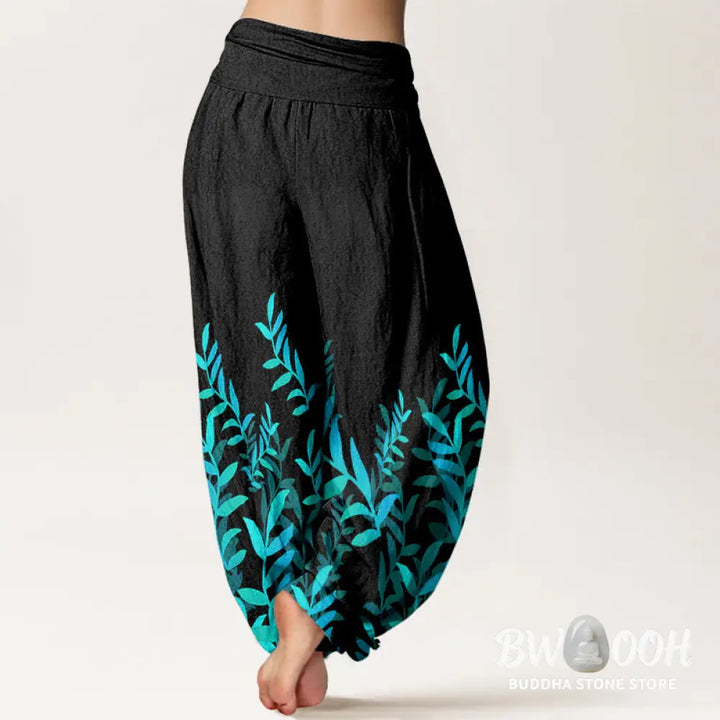 Buddha Stones Cotton Casual Leaves Pattern Women’s Elastic Waist Harem Pants - Women’s Harem Pants