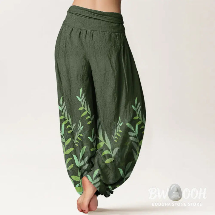 Buddha Stones Cotton Casual Leaves Pattern Women’s Elastic Waist Harem Pants - Women’s Harem Pants