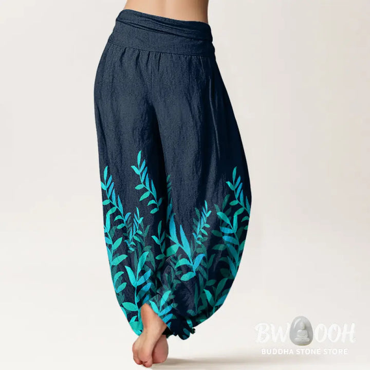 Buddha Stones Cotton Casual Leaves Pattern Women’s Elastic Waist Harem Pants - Women’s Harem Pants