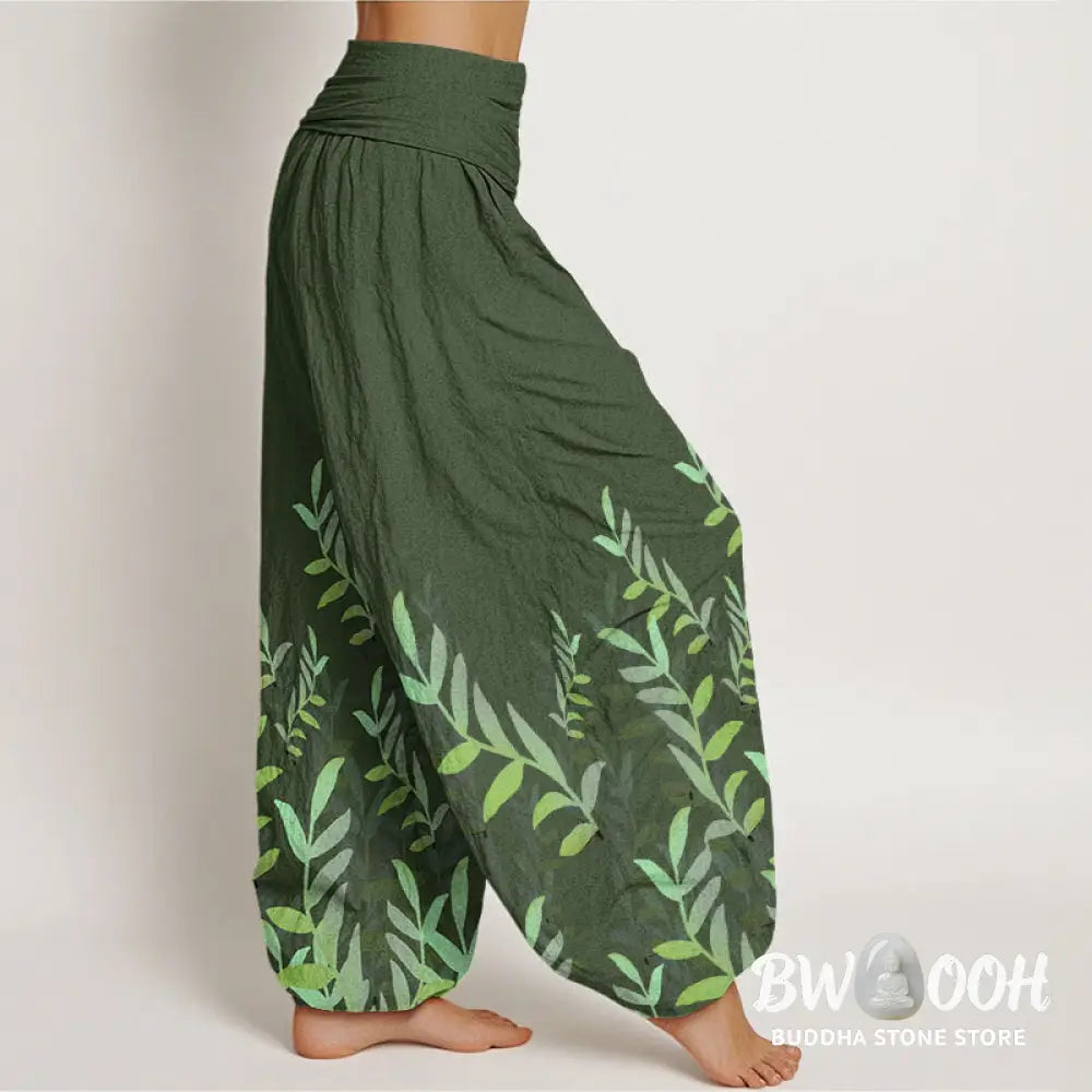Buddha Stones Cotton Casual Leaves Pattern Women’s Elastic Waist Harem Pants - Women’s Harem Pants