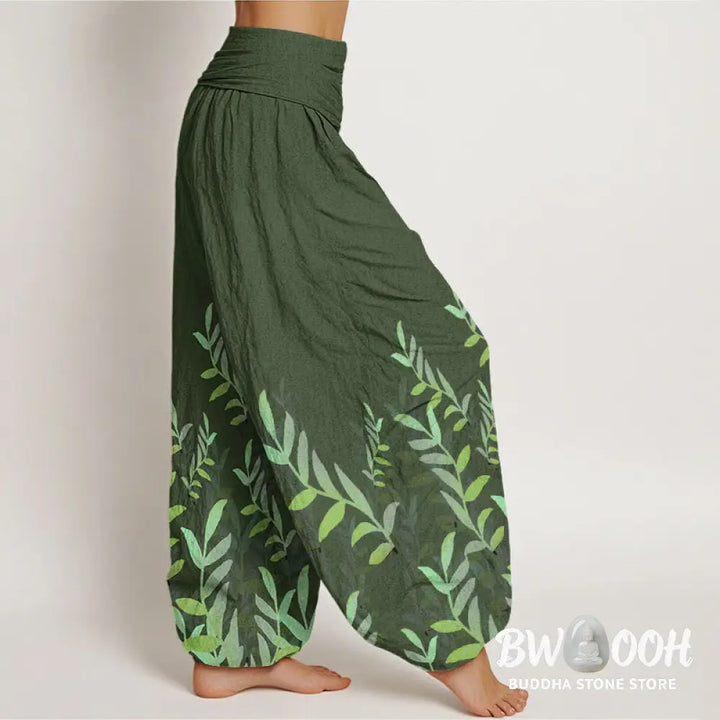 Buddha Stones Cotton Casual Leaves Pattern Women’s Elastic Waist Harem Pants - Women’s Harem Pants