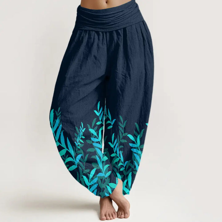 Buddha Stones Cotton Casual Leaves Pattern Women’s Elastic Waist Harem Pants - DarkSlateGray / US2，UK/AU6，EU34 (XS)