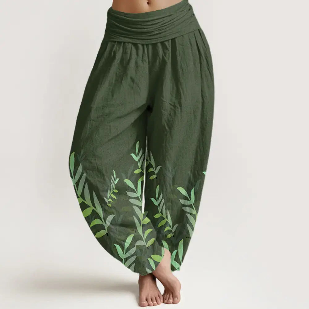 Buddha Stones Cotton Casual Leaves Pattern Women’s Elastic Waist Harem Pants - ForestGreen / US2，UK/AU6，EU34 (XS)