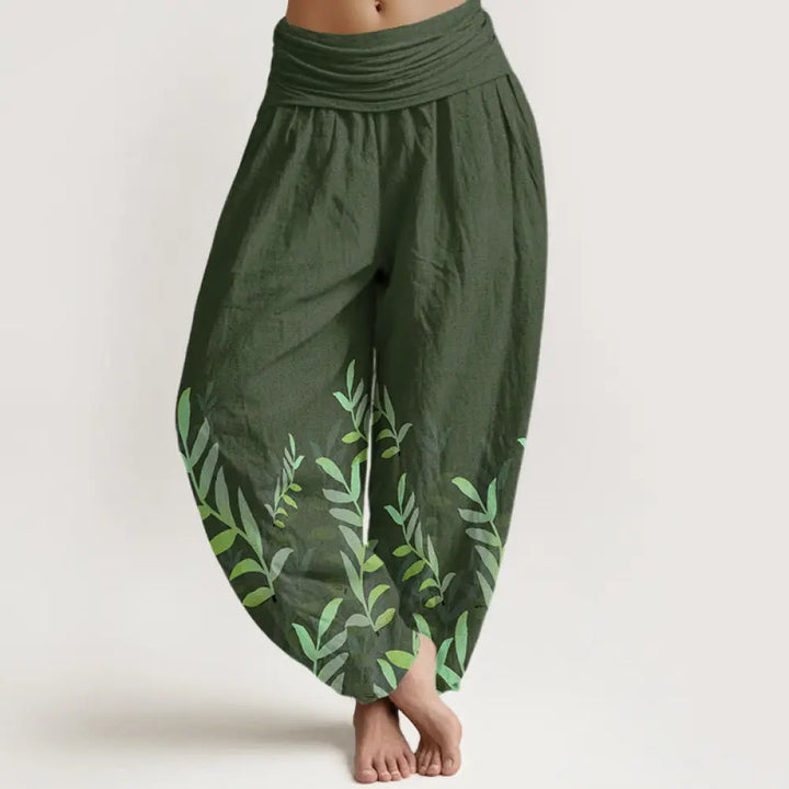 Buddha Stones Cotton Casual Leaves Pattern Women’s Elastic Waist Harem Pants - ForestGreen / US2，UK/AU6，EU34 (XS)