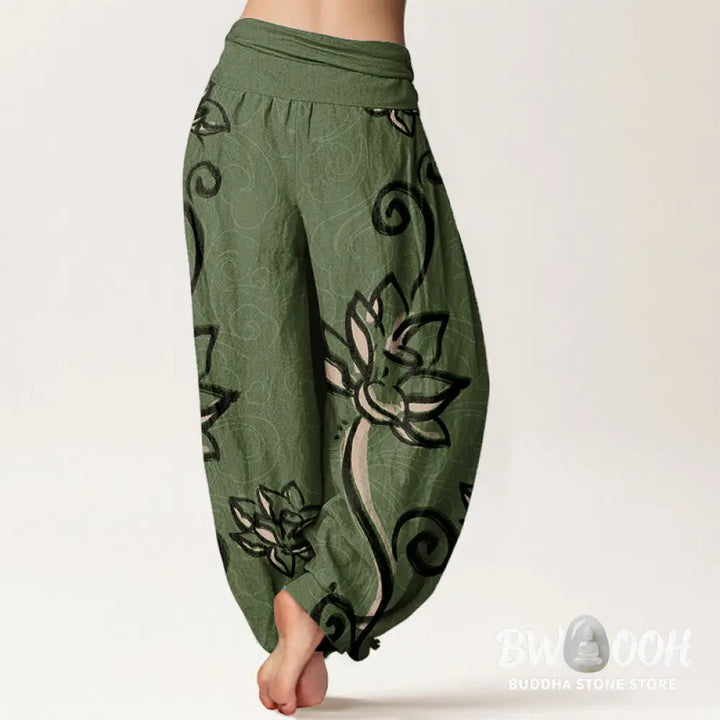 Buddha Stones Cotton Casual Lotus Auspicious Clouds Design Women’s Elastic Waist Harem Pants - Women’s Harem Pants