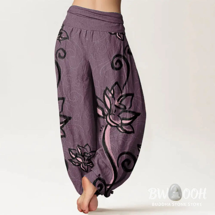 Buddha Stones Cotton Casual Lotus Auspicious Clouds Design Women’s Elastic Waist Harem Pants - Women’s Harem Pants