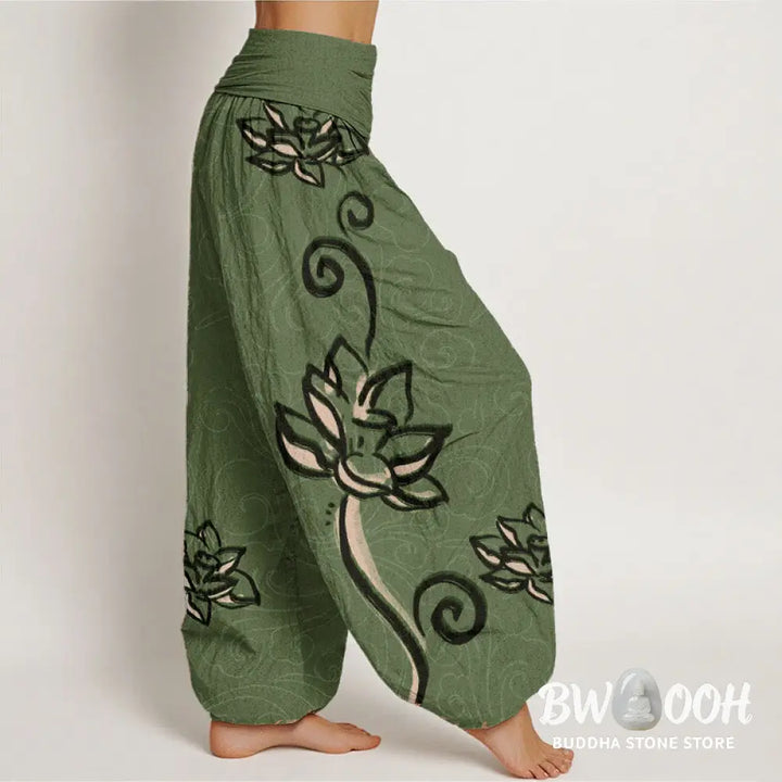 Buddha Stones Cotton Casual Lotus Auspicious Clouds Design Women’s Elastic Waist Harem Pants - Women’s Harem Pants