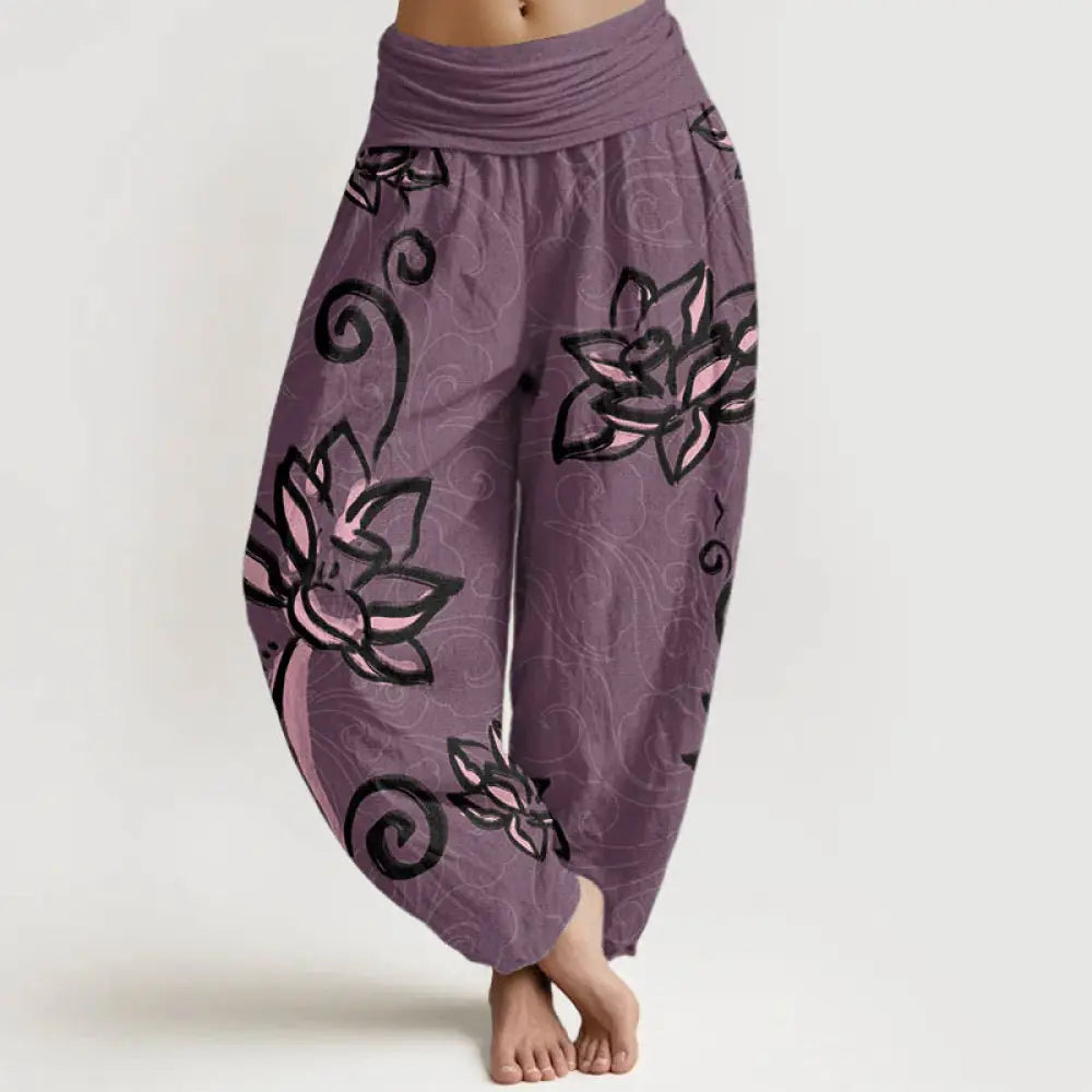 Buddha Stones Cotton Casual Lotus Auspicious Clouds Design Women’s Elastic Waist Harem Pants - DarkMagenta