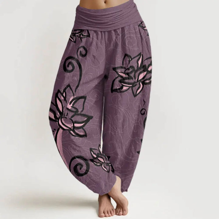 Buddha Stones Cotton Casual Lotus Auspicious Clouds Design Women’s Elastic Waist Harem Pants - DarkMagenta