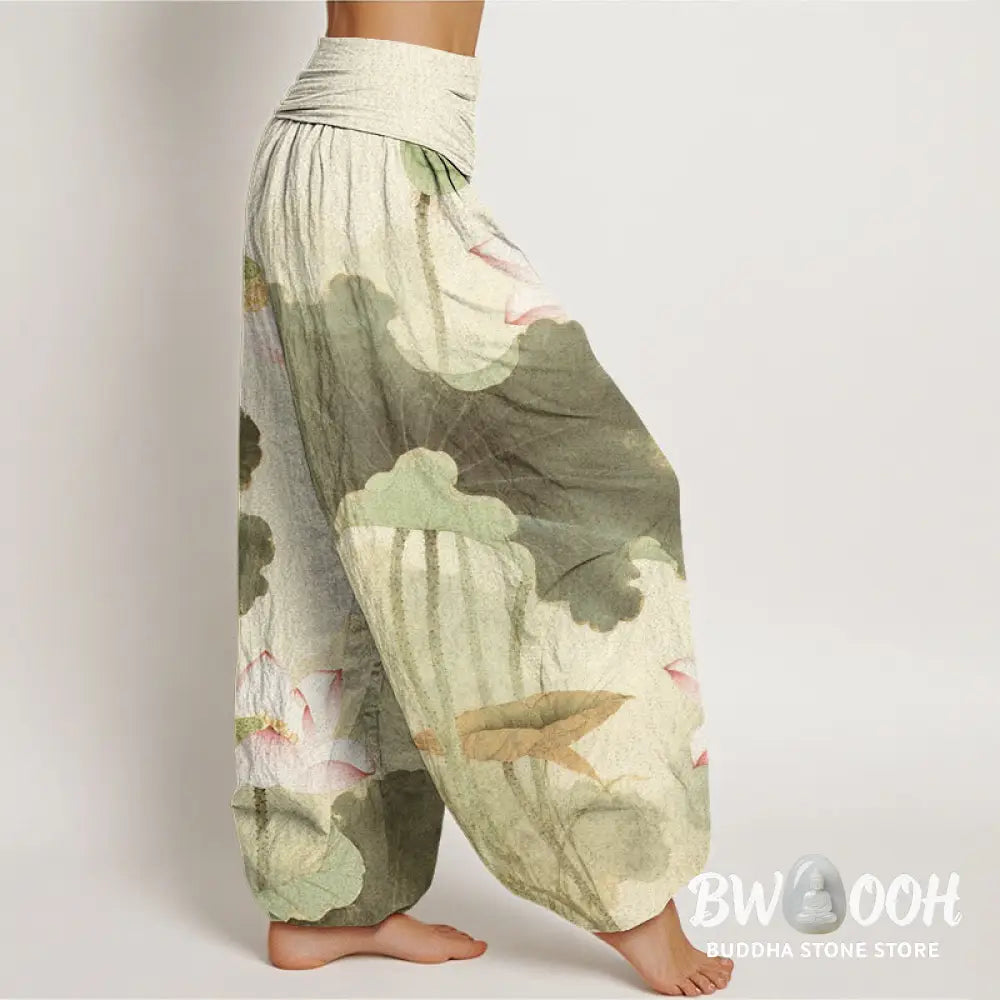 Buddha Stones Cotton Casual Lotus Petal Pods Pattern Women’s Elastic Waist Harem Pants - Women’s Harem Pants
