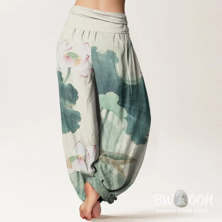 Buddha Stones Cotton Casual Lotus Petal Pods Pattern Women’s Elastic Waist Harem Pants - Women’s Harem Pants