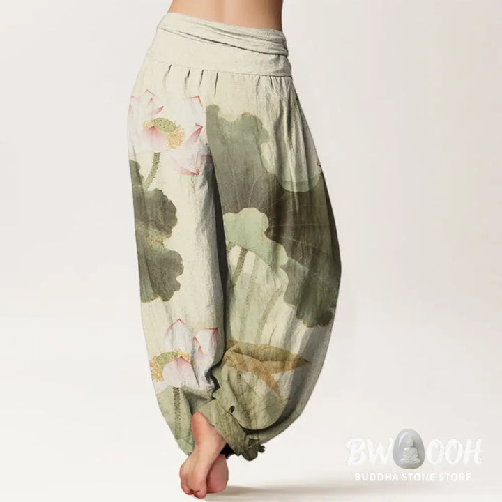 Buddha Stones Cotton Casual Lotus Petal Pods Pattern Women’s Elastic Waist Harem Pants - Women’s Harem Pants