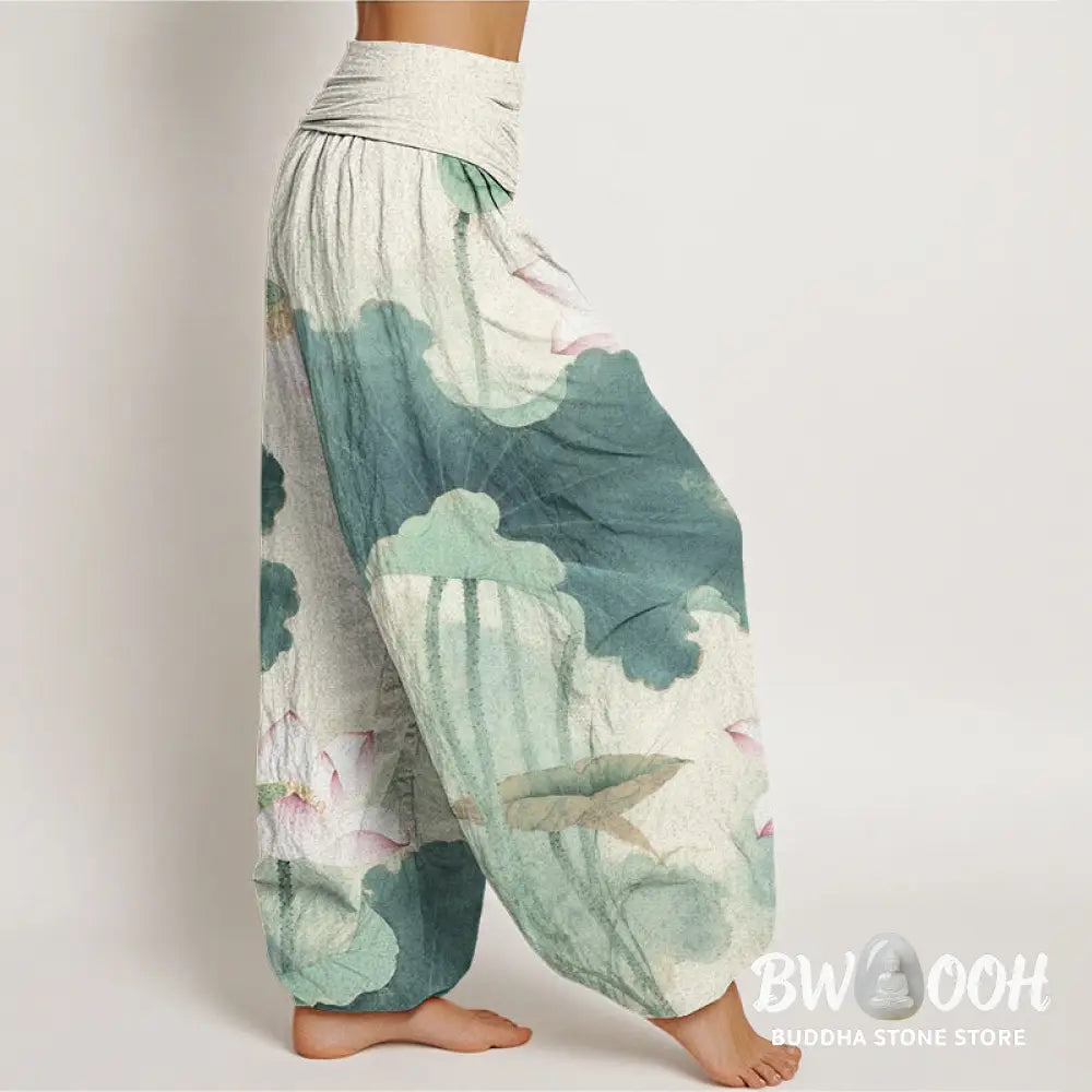 Buddha Stones Cotton Casual Lotus Petal Pods Pattern Women’s Elastic Waist Harem Pants - Women’s Harem Pants