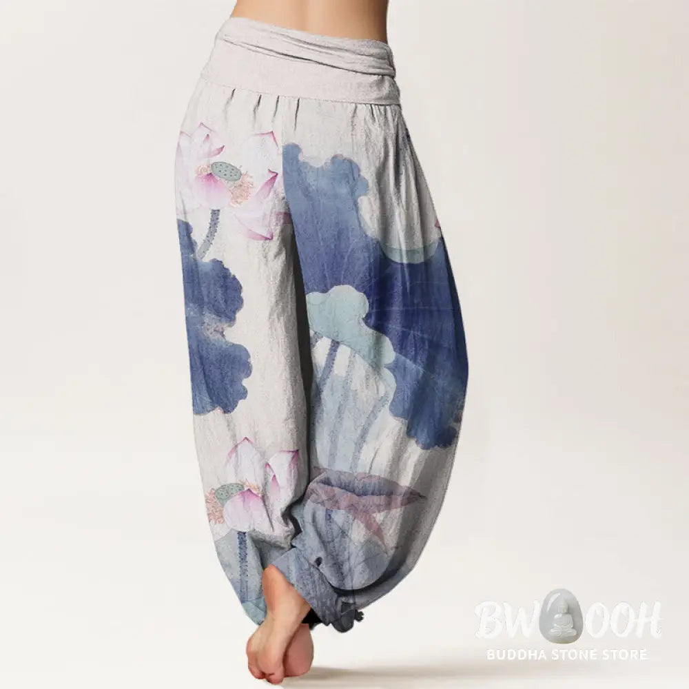 Buddha Stones Cotton Casual Lotus Petal Pods Pattern Women’s Elastic Waist Harem Pants - Women’s Harem Pants